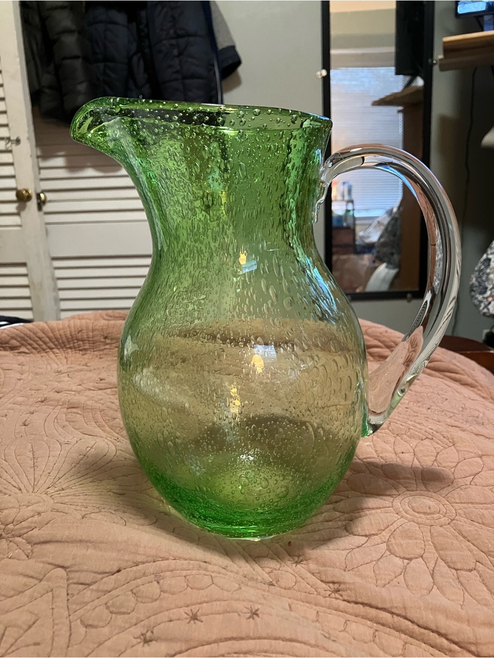 Crate and Barrel Hand Blown Green Glass Bubble Cocktail Water Pitcher